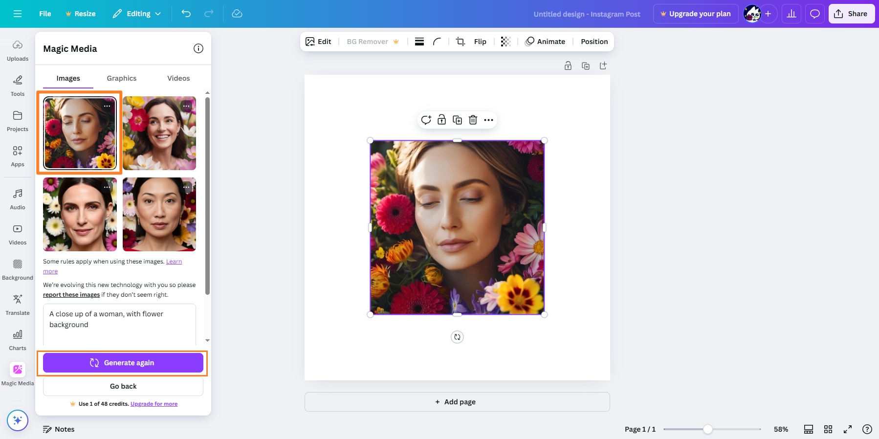 Canva ai image generator choose result 
