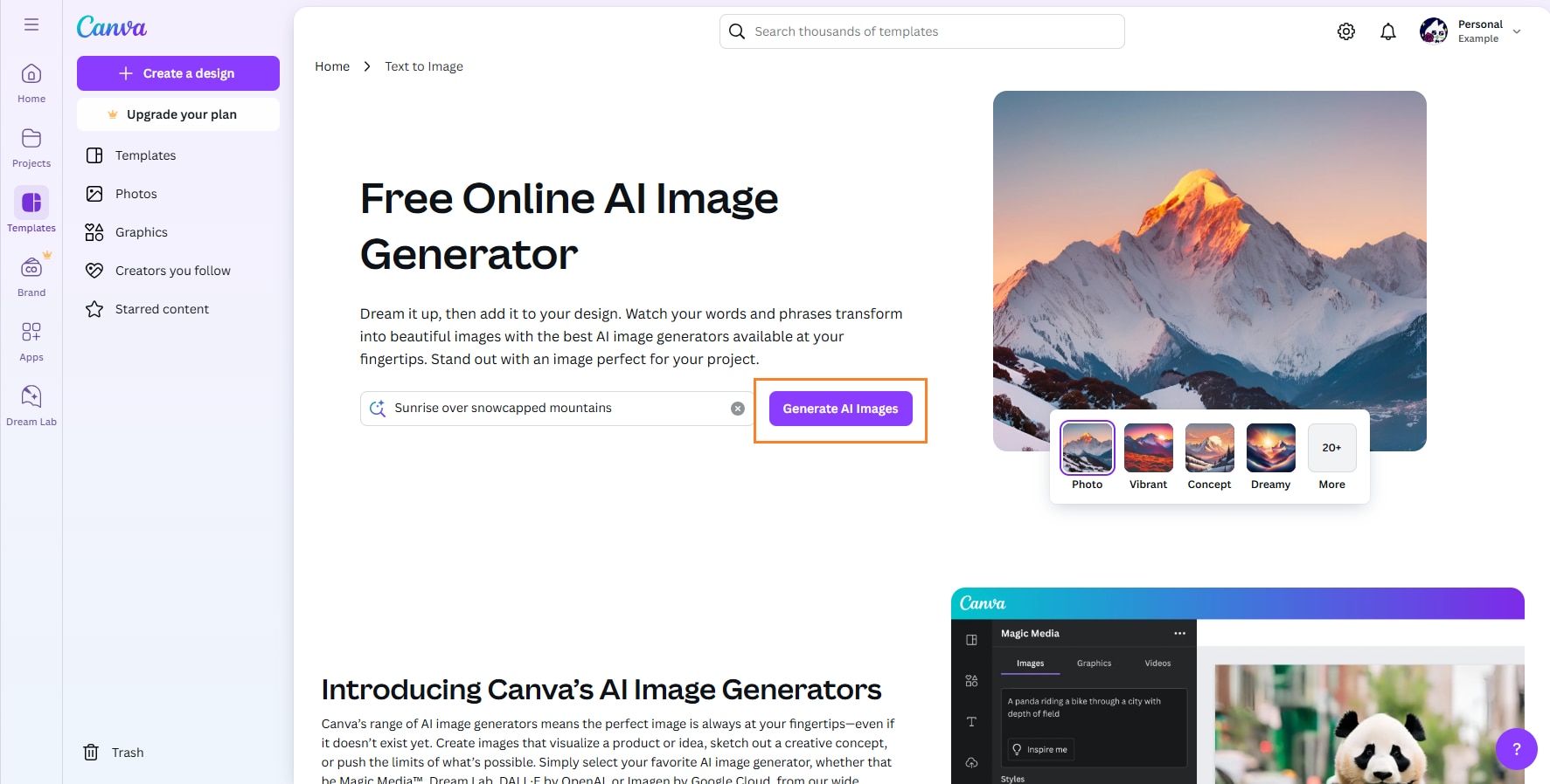 Canva ai image generator go homepage 
